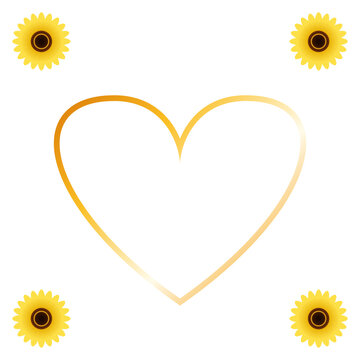 A golden heart shape outline surrounded by four bright yellow sunflower blossoms arranged in corners for a romantic floral design with a simple aesthetic style isolated on transparent background