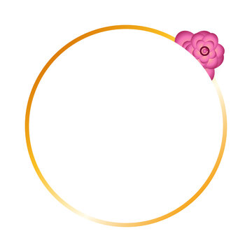 Elegant golden circle frame decorated with beautiful pink flowers for wedding invitation cards and romantic greeting designs for special spring celebrations isolated on transparent background
