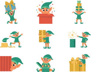Naklejka premium Vector Cute Christmas Elf Character Set Featuring Little Elves Holding Boxes Peeking Opening Magic Gifts and Carrying Presents for Holiday Season Designs