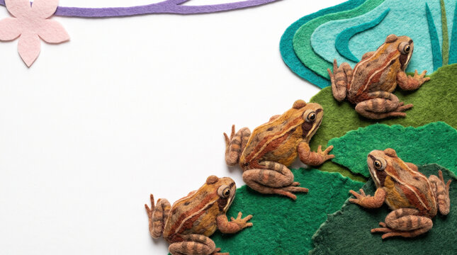 Group of frogs migrating to pond on textured landscape  
