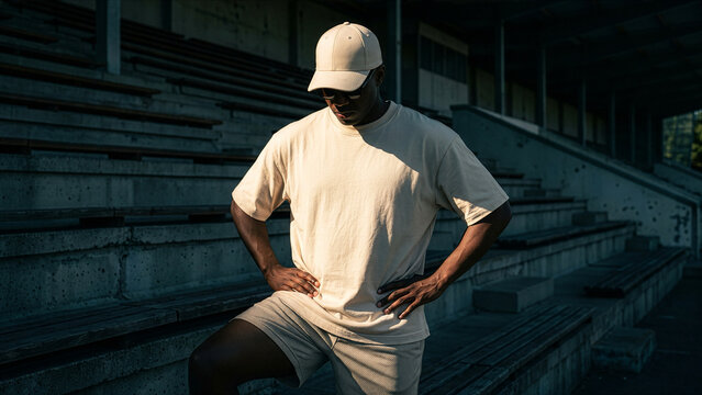 Man in beige t-shirt and shorts wearing a baseball cap and sunglasses standing on stadium bleachers