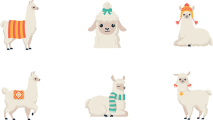 Naklejka premium Vector Cute Llama Alpaca Icon Set Featuring Whimsical Characters with Patterned Blankets Scarves Winter Hats and Bows for Nursery Decor and Birthday Designs