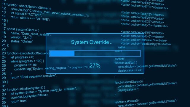 System override cyber security breach progress bar animation loop with percentage loading box on dark code background asset