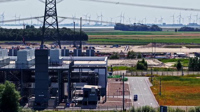 Aerial view of the Google data center facility featuring industrial infrastructure, power lines, and wind turbines in the background in Eemshaven, Groningen, Netherlands.