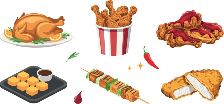 Vector Fried Chicken Icon Set Featuring Roasted Whole Turkey Crispy Drumsticks Bucket Buffalo Wings Nuggets Skewer and Cutlet for Restaurant Menu Designs