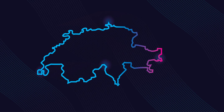 Minimalist swiss map contour with glowing light points and wavy line patterns on dark blue tech style backdrop.