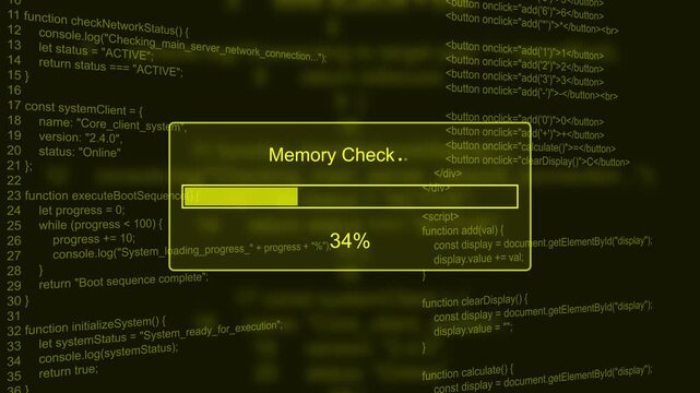 Memory check system hardware diagnostic progress bar animation loop with percentage status box on dark code background asset