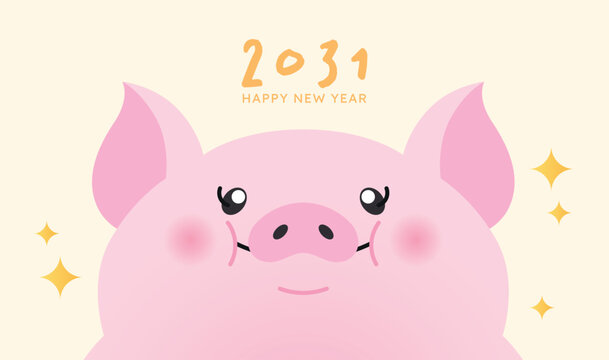 Cute zodiac pig face for 2031 New Year greetings card template. Cute pink pig mascot to celebrate Year of the Pig.