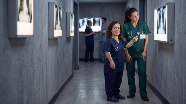 Confident Female Doctor with Dwarfism and Colleague Reviewing Chest X-Ray in Hospital Corridor
