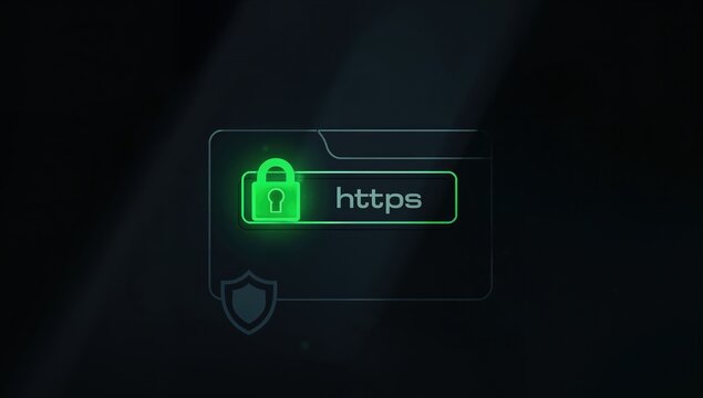 Secure HTTPS connection padlock icon glowing in browser address bar cybersecurity concept