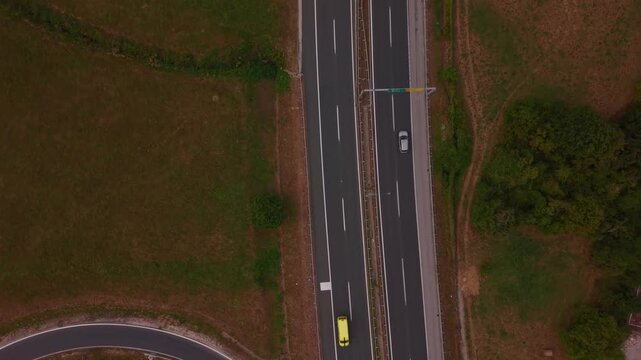 Aerial Top Down View of Highway A1 Section with Cars Driving Near Vogosca Interchange In Bosnia and Herzegovina