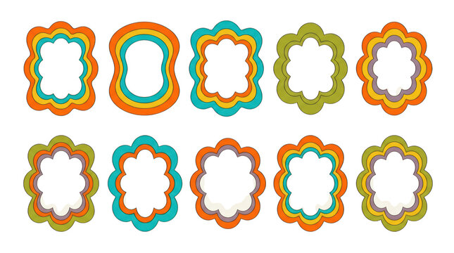 A collection of colorful retro wavy frames isolated on transparent background