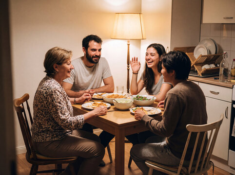 Four friends share a meal together in a kitchen during the evening. They enjoy food while talking and laughing around a wooden table