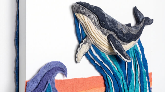 Humpback whale breaching with colorful waves in textile art  