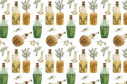 Minimal watercolor cooking ingredients seamless pattern with vegetables herbs and bottles
