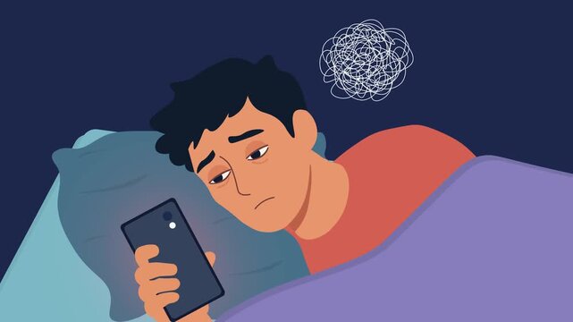 Sleepless Young Man Using Smartphone Lying In Bed With Anxiety And Overthinking Flat Design Animation. Anxious person , Stress, Insomnia, And Digital Addiction.