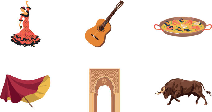 Vector Spain Culture Icon Set Featuring Flamenco Dancer Classical Guitar Seafood Paella Bullfighter Muleta Cape Moorish Arch and Charging Spanish Bull Graphics