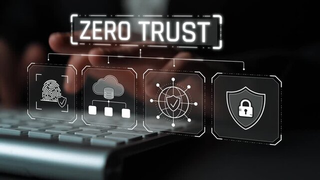 Concept of Zero Trust Security Model with Digital Icons Representing Identity Verification, Cloud Computing, Data Protection, and Network Security Sigmoid