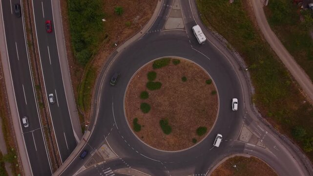 Aerial Top Down View of Roundabout Traffic Junction in Krivoglavci Near Vogosca Bosnia and Herzegovina