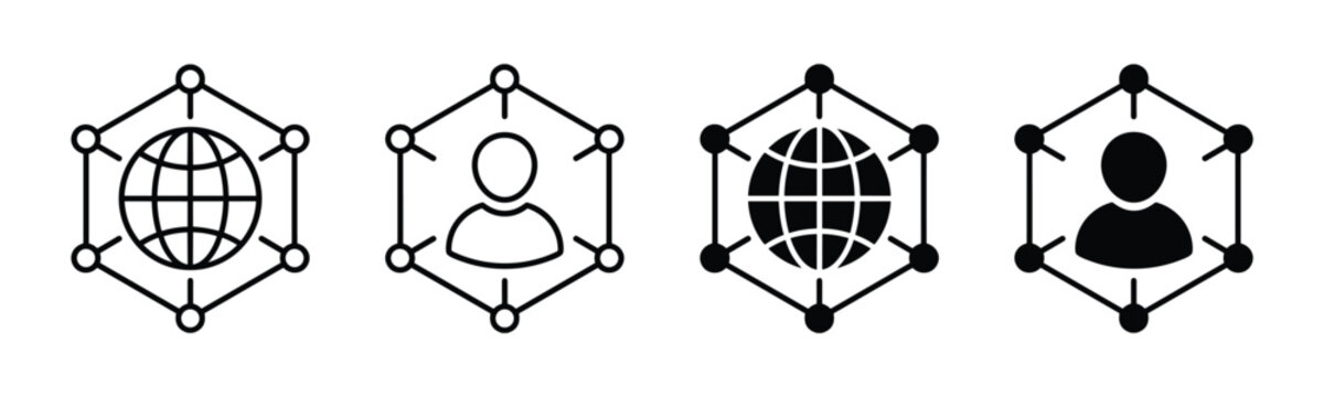 Network Icons: A set of minimalist line art icons representing global network and human connections, showcasing the interconnectedness of people and the world through technology.