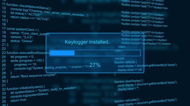 Keylogger installed malware cyber threat progress bar animation loop with percentage loading box on dark code background asset