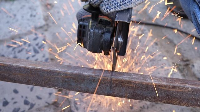 Grinding metal and sparks flying in a workshop