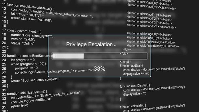 Privilege escalation cyber security exploit progress bar animation loop with percentage status box on dark code background asset