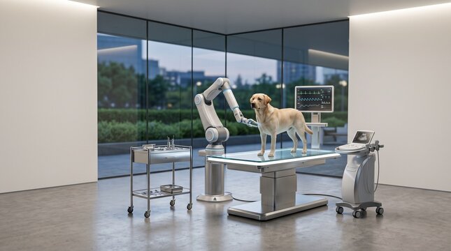 Robotic surgery on dog in futuristic veterinary clinic with high tech medical equipment and AI robotic arm for advanced pet healthcare