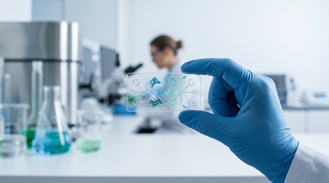 Veterinary genetic testing lab-on-a-chip held by scientist hand in modern biotechnology research laboratory with DNA and pet health data visualization