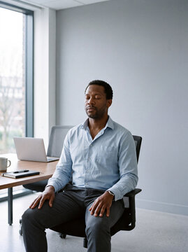 A Black man in his early forties sits still in an office. He closes his eyes while he takes a moment to breathe. A laptop and a cup are on the table in front of him