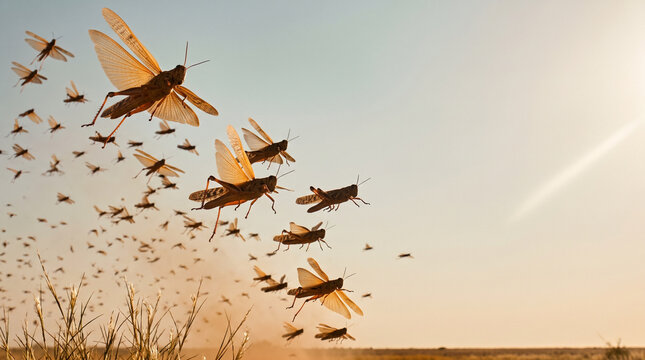 Large swarm of locusts flying over grass in bright daylight  