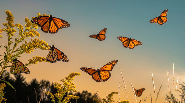 Monarch butterflies migrating south in a golden sunset landscape  