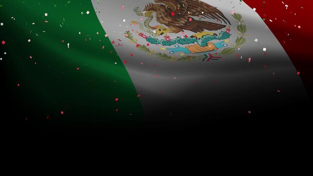 Waving Mexican Flag with Falling Confetti Patriotic Celebration Motion on Black Background