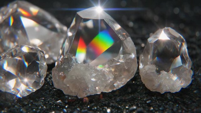 Raw Diamond Crystals With Rainbow Prism Effect, Sparkling Gemstones Close-up