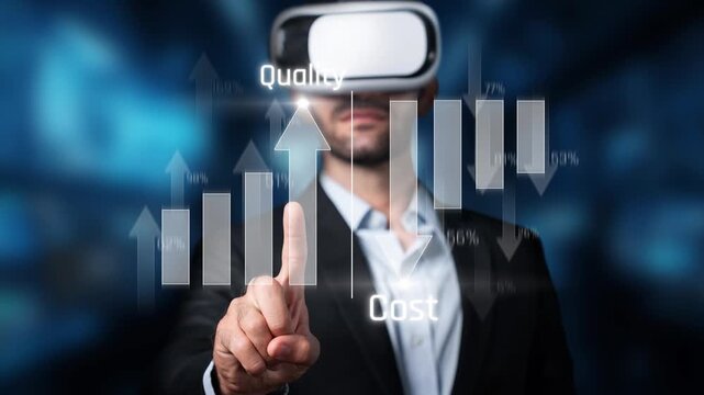 A businessman engaged in virtual reality, exploring data metrics for quality and cost management. The image showcases innovative technology and professional analysis. Raster