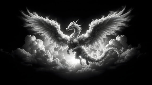 Majestic dragon with large wings emerging from swirling white smoke against a solid black background