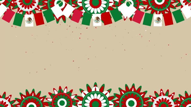 Mexico celebration background with festive bunting flags, flowers and confetti motion graphic
