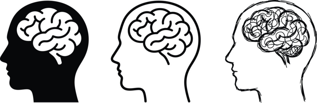 Human head with brain icon set. Mind, thinking, and mental health symbols in solid, outline, and hand-drawn styles.
