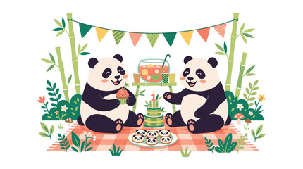 Fototapeta premium Cute Panda Happy Birthday Card with Funny Cartoon Animal, Flowers, Nature Frame and Festive Holiday Design, Colorful Vector Illustration for Kids and Celebration