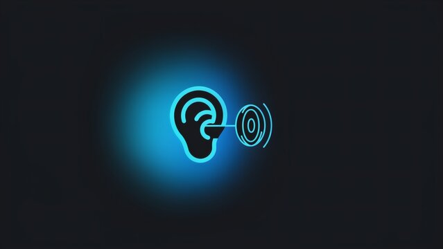 Neon blue outline icon of a human ear receiving sound waves on a dark background with interacting circular sound wave patterns against graphic symbol human