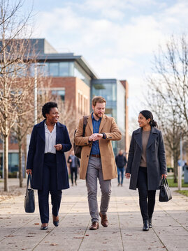 Three colleagues are walking together on a pathway near a modern office building. They are engaged in conversation and appear to enjoy their time outside during the lunch break