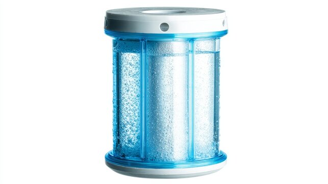 Water filter cartridge with transparent clean water effect, isolated on white background, minimal composition, high detail product shot.