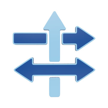 3D rendered blue directional sign icon with multiple arrows pointing in different directions, featuring a light blue vertical post on a white background
