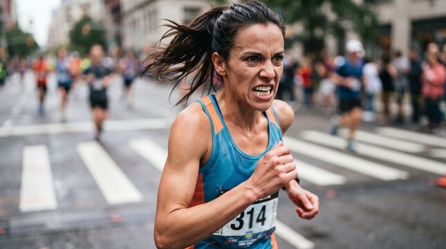 A determined female runner with a strained expression pushes through a city marathon, her muscles tense and focus intense.