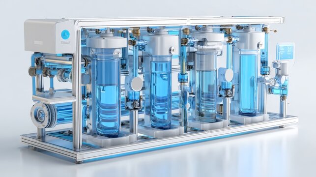 Water purification filter system with blue transparent elements, isolated on pure white background, modern technology style, ultra realistic lighting.