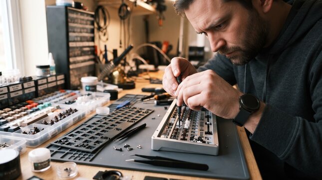A man intently assembling a mechanical keyboard at his workbench. He is focused on the delicate task, surrounded by various components and tools