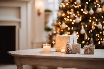 Obraz premium Christmas gifts candle fireplace table.