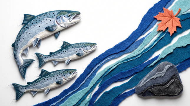 Salmon swimming in a blue river with a rock and autumn leaf  