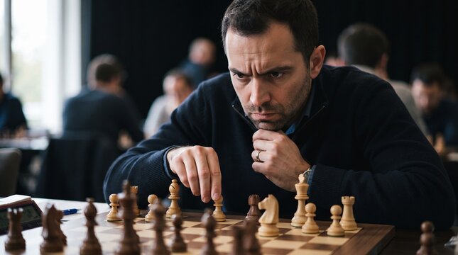 A focused man playing chess intensely. He is leaning forward, deep in thought, with his hand on his chin. The chessboard is set up in front of him, with wooden pieces scattered across the board