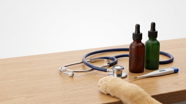 Veterinary care for dogs with stethoscope medicine bottles and thermometer on wooden table with dog paw and white background with copy space for pet health concept